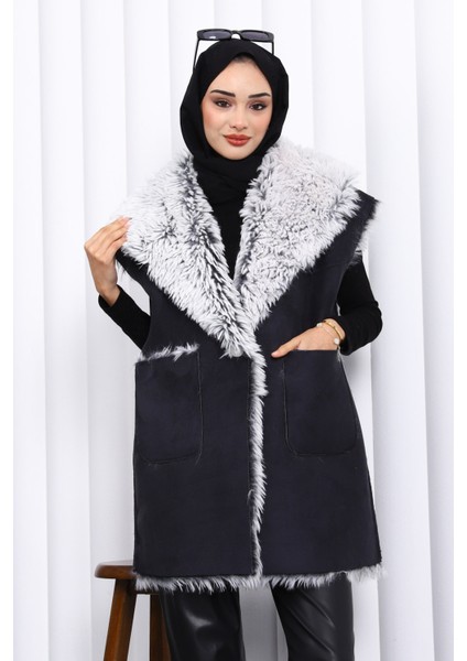 Siyah Kruvaze Yaka İçi Kürklü Süet Yelek modelleri