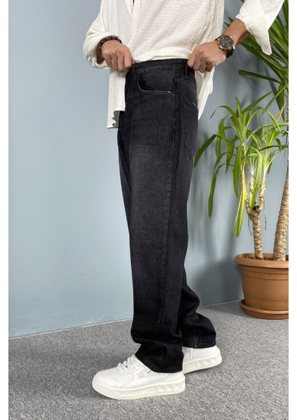 Taşlanmış Siyah Baggy Fit Jean Pantolon