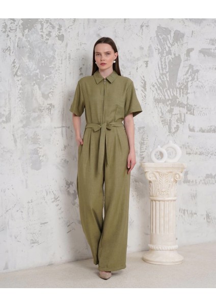 Kuşaklı Gömlek Yaka Salaş Tulum Haki S255822