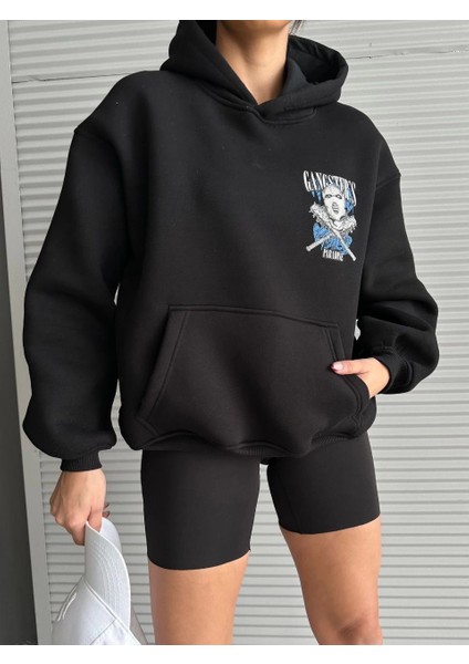 Bosel 3 Iplik Şardonlu Oversize Kafa Baskılı Sweat Siyah