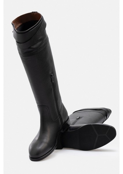 Kadın Hakiki Deri El Işçiliği Diz Altı Siyah Çizme