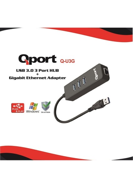 Qport Q-U3G 10/100/1000 Usb3.0 3port USB Çok+Usb Ethernet