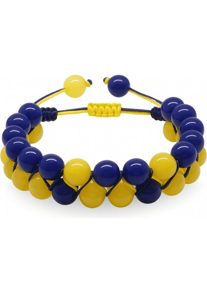 Çift Sıra Makrome Örgülü Küre Kesim Sarı Lacivert Jade Doğaltaş Kadın Taraftar Bileklik