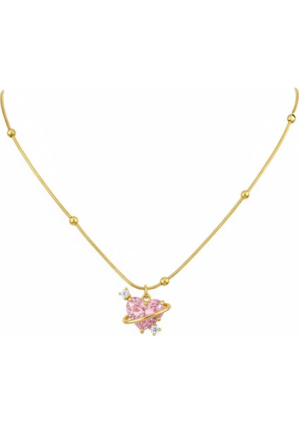 Çelik Pembe Kalpli Gezegen Kolye| Zirkon Taşlı Kararmaz Altın Rengi Kadın Takı