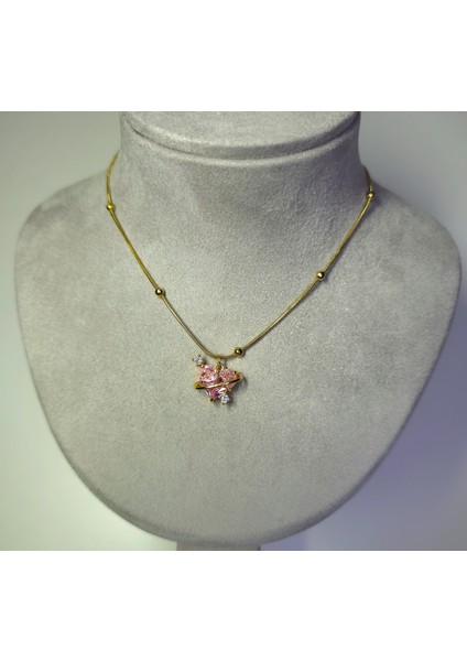 Çelik Pembe Kalpli Gezegen Kolye| Zirkon Taşlı Kararmaz Altın Rengi Kadın Takı fiyatları