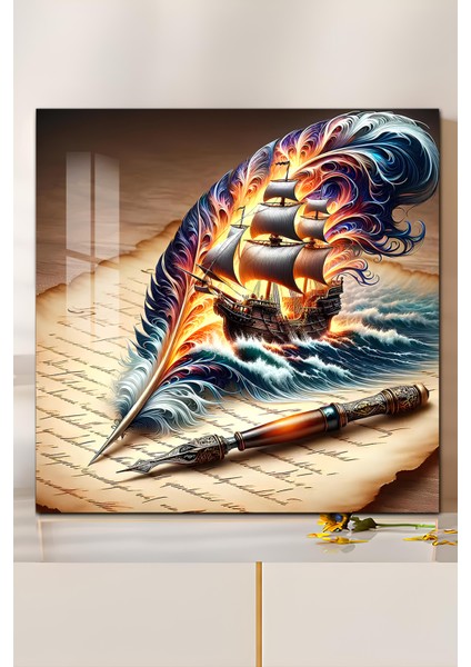 3D Görünümlü Temperli Cam Tablo – Yelkenli Gemi ve Tüy Kalem Temalı Uv Baskı 33X33 CM-CTK126