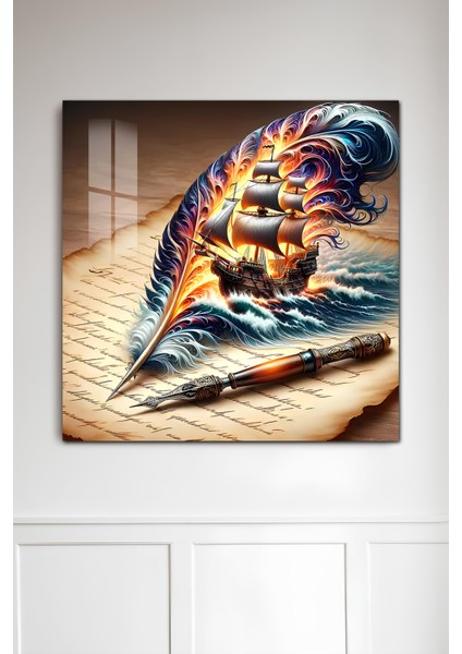 3D Görünümlü Temperli Cam Tablo – Yelkenli Gemi ve Tüy Kalem Temalı Uv Baskı 33X33 CM-CTK126 fiyatları