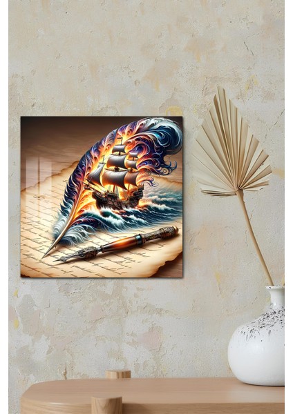 3D Görünümlü Temperli Cam Tablo – Yelkenli Gemi ve Tüy Kalem Temalı Uv Baskı 33X33 CM-CTK126 modelleri