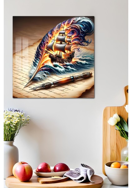 3D Görünümlü Temperli Cam Tablo – Yelkenli Gemi ve Tüy Kalem Temalı Uv Baskı 33X33 CM-CTK126 fırsatları