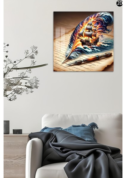 3D Görünümlü Temperli Cam Tablo – Yelkenli Gemi ve Tüy Kalem Temalı Uv Baskı 33X33 CM-CTK126 indirimleri