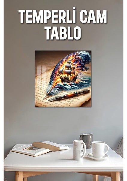 3D Görünümlü Temperli Cam Tablo – Yelkenli Gemi ve Tüy Kalem Temalı Uv Baskı 33X33 CM-CTK126
