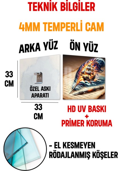 3D Görünümlü Temperli Cam Tablo – Yelkenli Gemi ve Tüy Kalem Temalı Uv Baskı 33X33 CM-CTK126