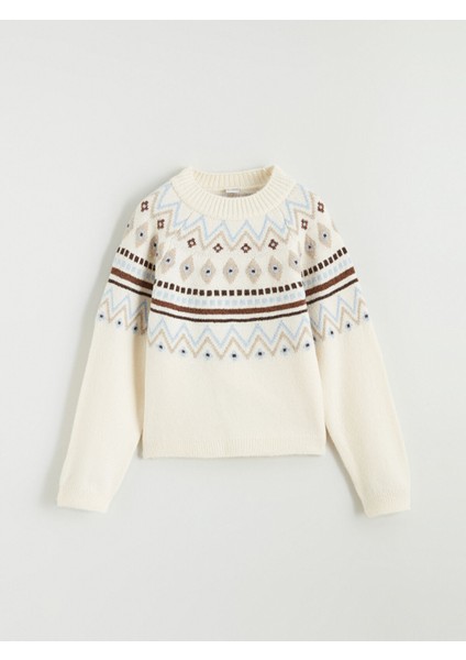 Yeni Sezon Bisiklet Yaka Desenli Kız Çocuk Triko Kazak