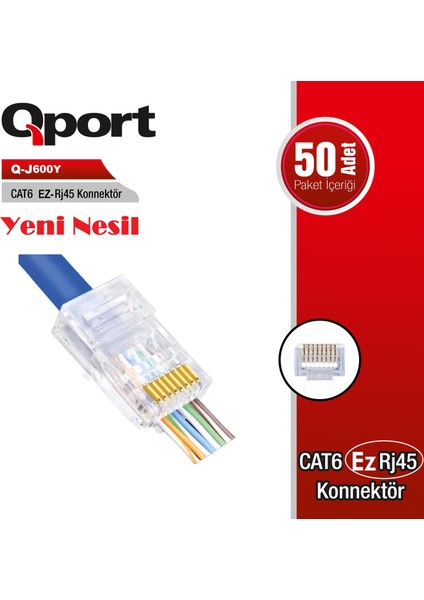 Qport Q-J600Y Ez-Plug Yeni Nesil Cat6 RJ45 Konnektör 50'li