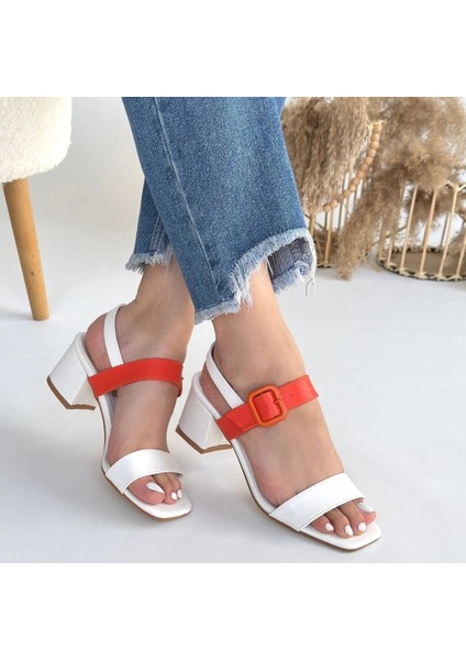 Nrtmsa Year Beyaz Cilt Turuncu Detaylı Beyaz Topuklu Ayakkabı (Numara: 40) fırsatları