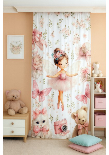 Pembe Balerin Peri Kedili Çift Kanatlı Çocuk Odası Perdesi