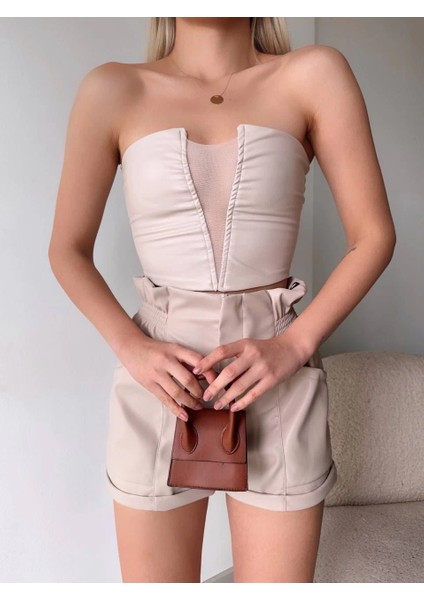 Bosel Tüllü Deri Crop Bej W24615