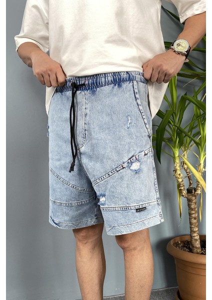 Beli Lastikli Bağcıklı Mavi Kot Şort