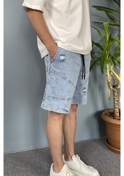 Beli Lastikli Bağcıklı Mavi Kot Şort fırsatları