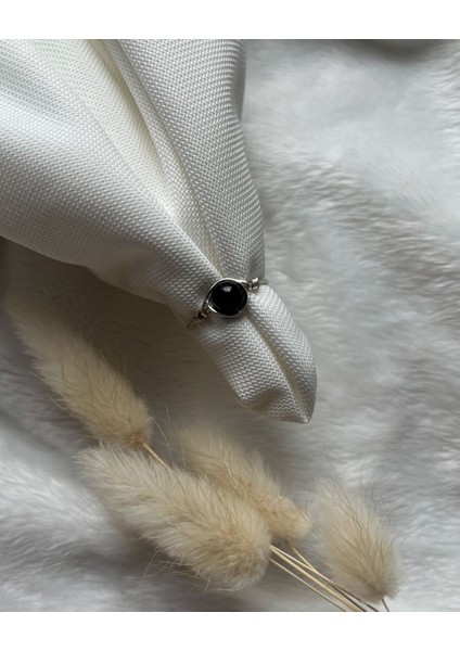 Siyah Turmalin Taşı Ayarlanabilir Gümüş Renk Tel Yüzük