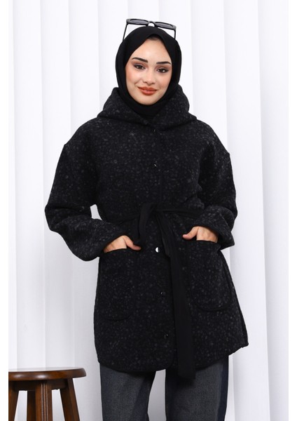 Siyah Çırçıtlı Kuşaklı Kaşe Ceket