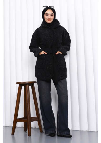 Siyah Çırçıtlı Kuşaklı Kaşe Ceket fiyatları