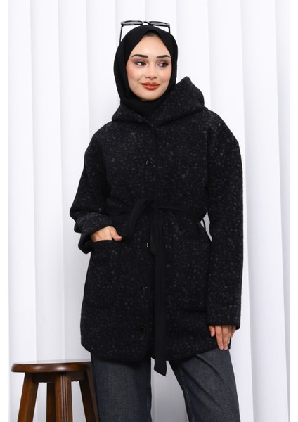 Siyah Çırçıtlı Kuşaklı Kaşe Ceket modelleri