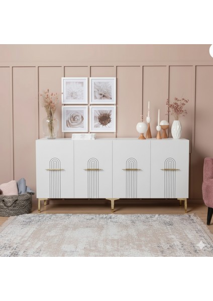 KA1519B- Ida Lazer Çizgili Konsol , Tv Sehpası , Çok Amaçlı Dolap 150CM Beyaz