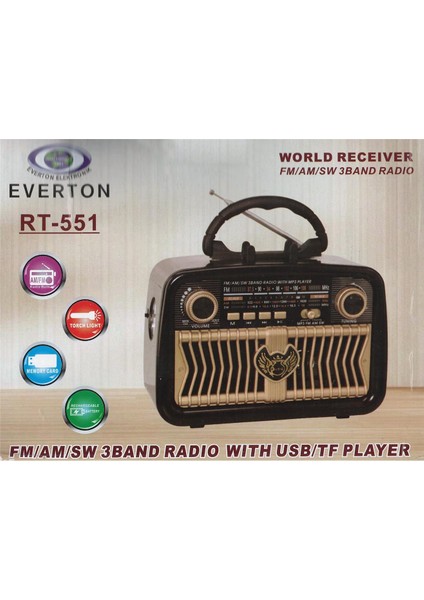 RT-551 Bluetooth Fm-Usb-Tf-Aux Şarjlı Nostaljik Radyo