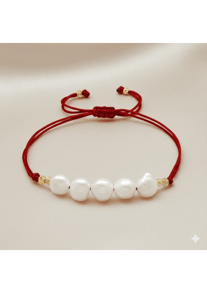 Makrome Örgülü Naturel Kesim Kırmızı Ipli Dorika Top Süslemeli Doğal Inci Kadın Bileklik fırsatları