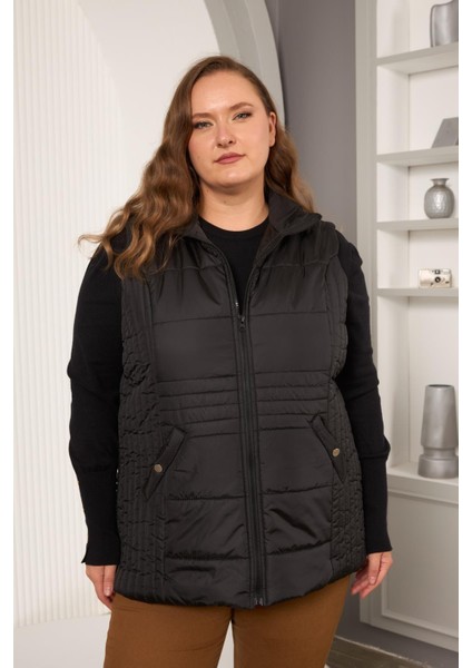 Kadın Cepli Siyah Büyük Beden Kapitone Yelek