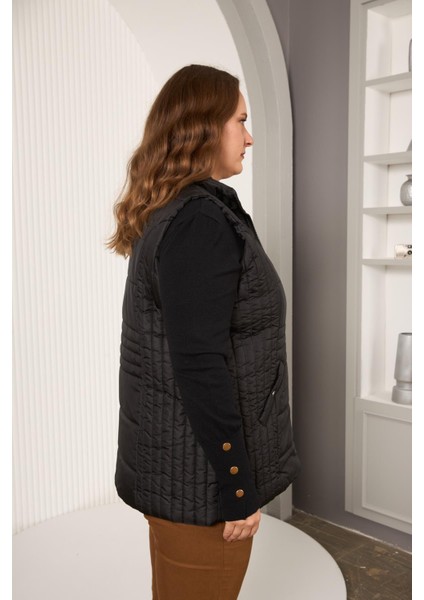 Kadın Cepli Siyah Büyük Beden Kapitone Yelek modelleri
