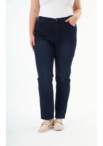 Kadın Yandan Lastik Detaylı Koyu Lacivert Büyük Beden Kot Pantolon