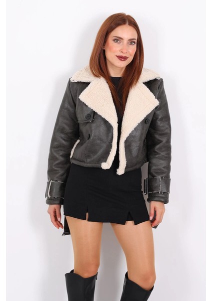 Lvsqvr Kürklü Suni Deri Kemerli Haki Kadın Kısa Mont T1256 (Beden: Xl) indirimleri