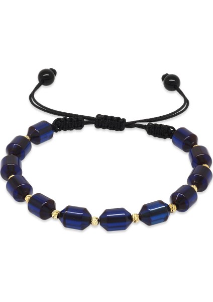 Makrome Örgülü Sarı Dorika Top Süslemeli Lacivert Sıkma Kehribar Kadın Bileklik