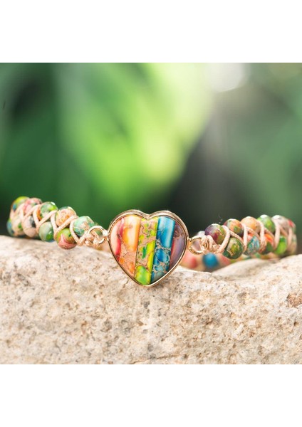 El Yapımı 7 Çakra Doğal Taş Kalpli Bileklik • Ayarlanabilir Makrome • Şifalı Enerji Taşları