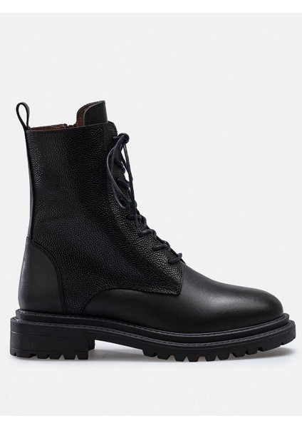 Siyah Hakiki Deri Fermuarlı Bağcıklı Kadın Bot