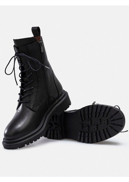 Siyah Hakiki Deri Fermuarlı Bağcıklı Kadın Bot fiyatları