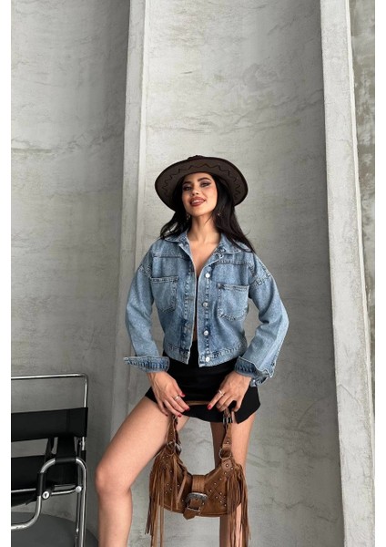 Lvsqvr Çift Cepli Kol Katlamalı Kar Yıkama Crop Kot Ceket Mavi D2000 (Beden: S) fırsatları