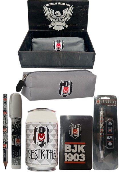Beşiktaş Orjinal Lisanslı Beyaz Kutu Kalemtraş Ahşap Kutulu 6'lı Kırtasiye Seti