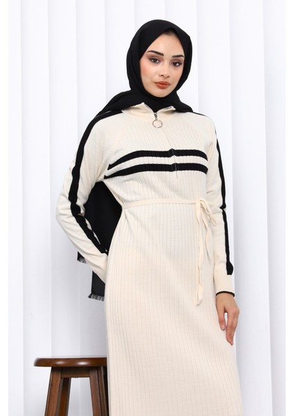 Krem Yaka Fermuarlı Fitilli Çizgili Triko Elbise modelleri