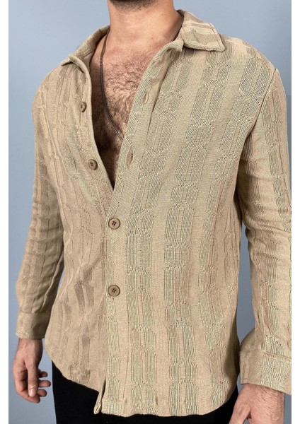 Jakarlı Oversize Triko Örgü Uzun Kol Vizon Gömlek