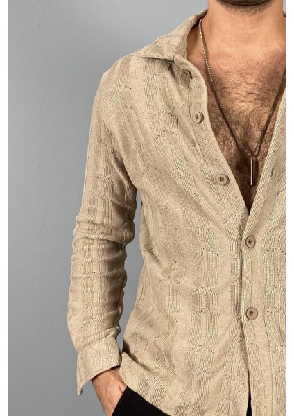 Jakarlı Oversize Triko Örgü Uzun Kol Vizon Gömlek fiyatları