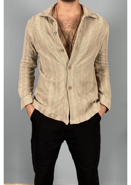 Jakarlı Oversize Triko Örgü Uzun Kol Vizon Gömlek modelleri