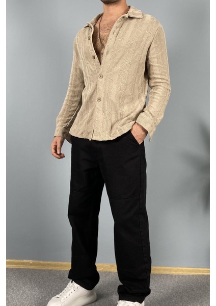 Jakarlı Oversize Triko Örgü Uzun Kol Vizon Gömlek fırsatları