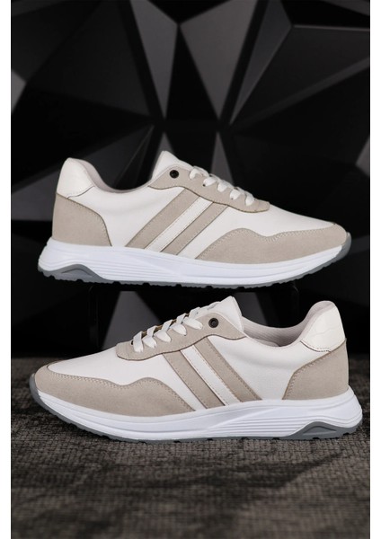 Erkek Spor Sneaker Beyaz ve Taş Rengi Ayakkabı Ortopedik Tabanlı D011 indirimleri