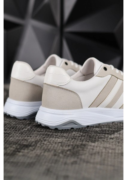 Erkek Spor Sneaker Beyaz ve Taş Rengi Ayakkabı Ortopedik Tabanlı D011
