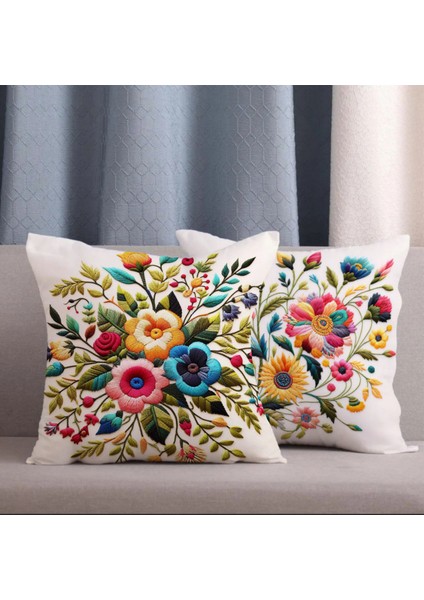 2 Li Kombin Nakış Görünümlü Renkli Çiçek Dijital Baskılı Kırlent Kılıfı