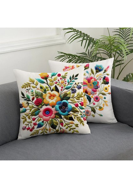 2 Li Kombin Nakış Görünümlü Renkli Çiçek Dijital Baskılı Kırlent Kılıfı fiyatları