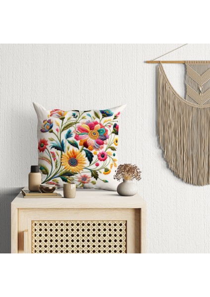 2 Li Kombin Nakış Görünümlü Renkli Çiçek Dijital Baskılı Kırlent Kılıfı modelleri